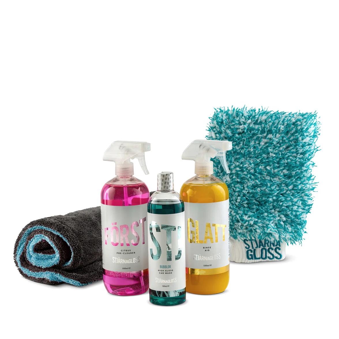 Stjarnagloss Gloss Wash Car Cleaning Kit- Citrus Pre-Wash, Shampoo, Rinse Aid, Wash Mitt and Drying Towel